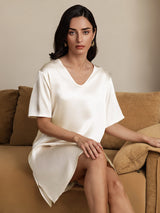 [Beige] SilkSilky-CA Half Sleeve V Neck Nightgown 006