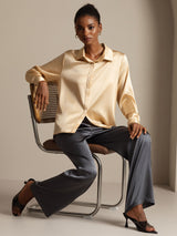 [Champagne] SilkSilky-CA 19Momme Stretch Silk Charmeuse Long Sleeve Lapel Collar Women's Shirt 009
