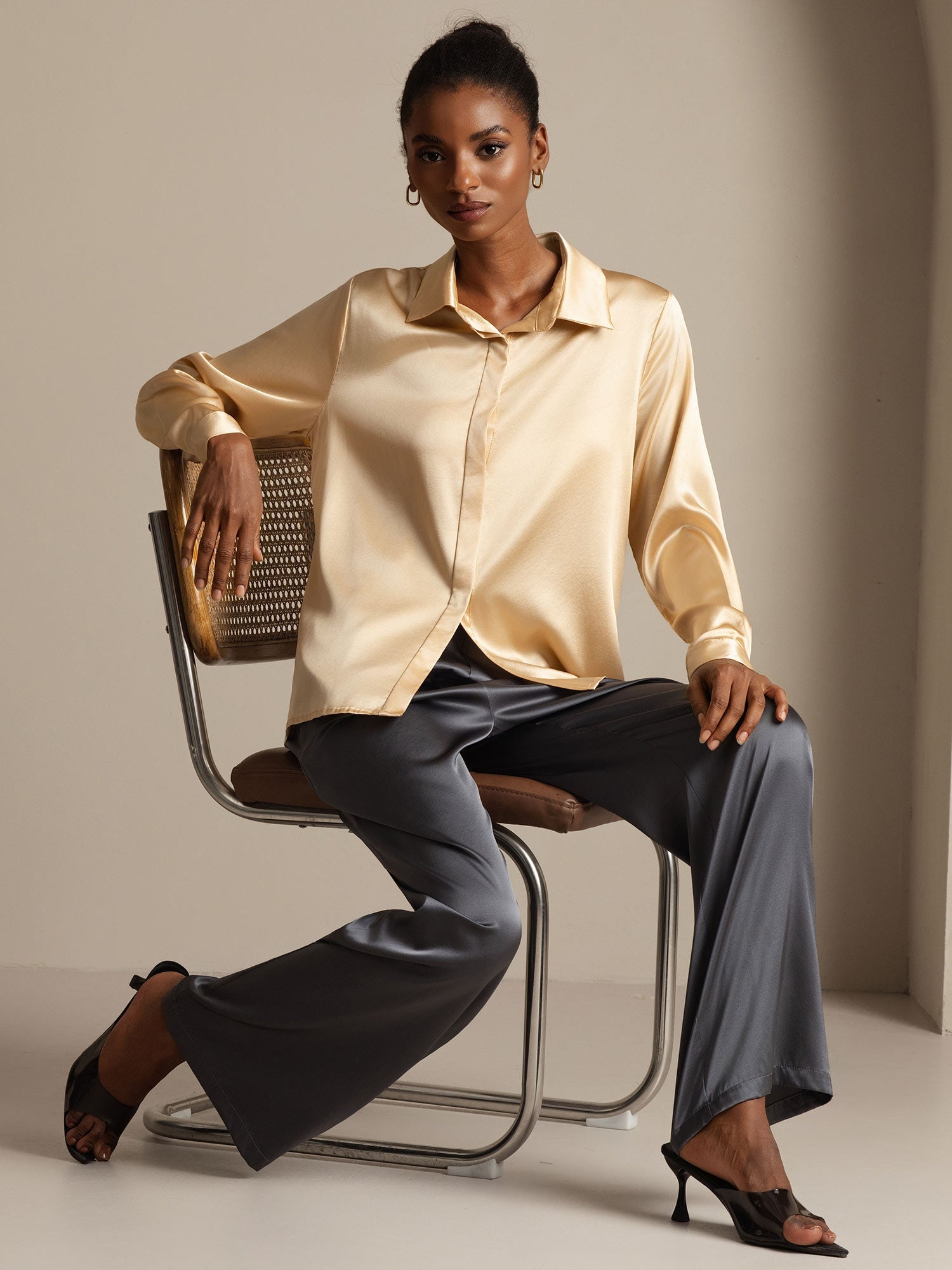 [Champagne] SilkSilky-CA 19Momme Silk Long Sleeve Lapel Collar Women's Shirt 009