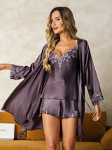 [Purple Gray] SilkSilky-CA Pure Silk Spaghetti Strap V Neck Women's Pajamas 001