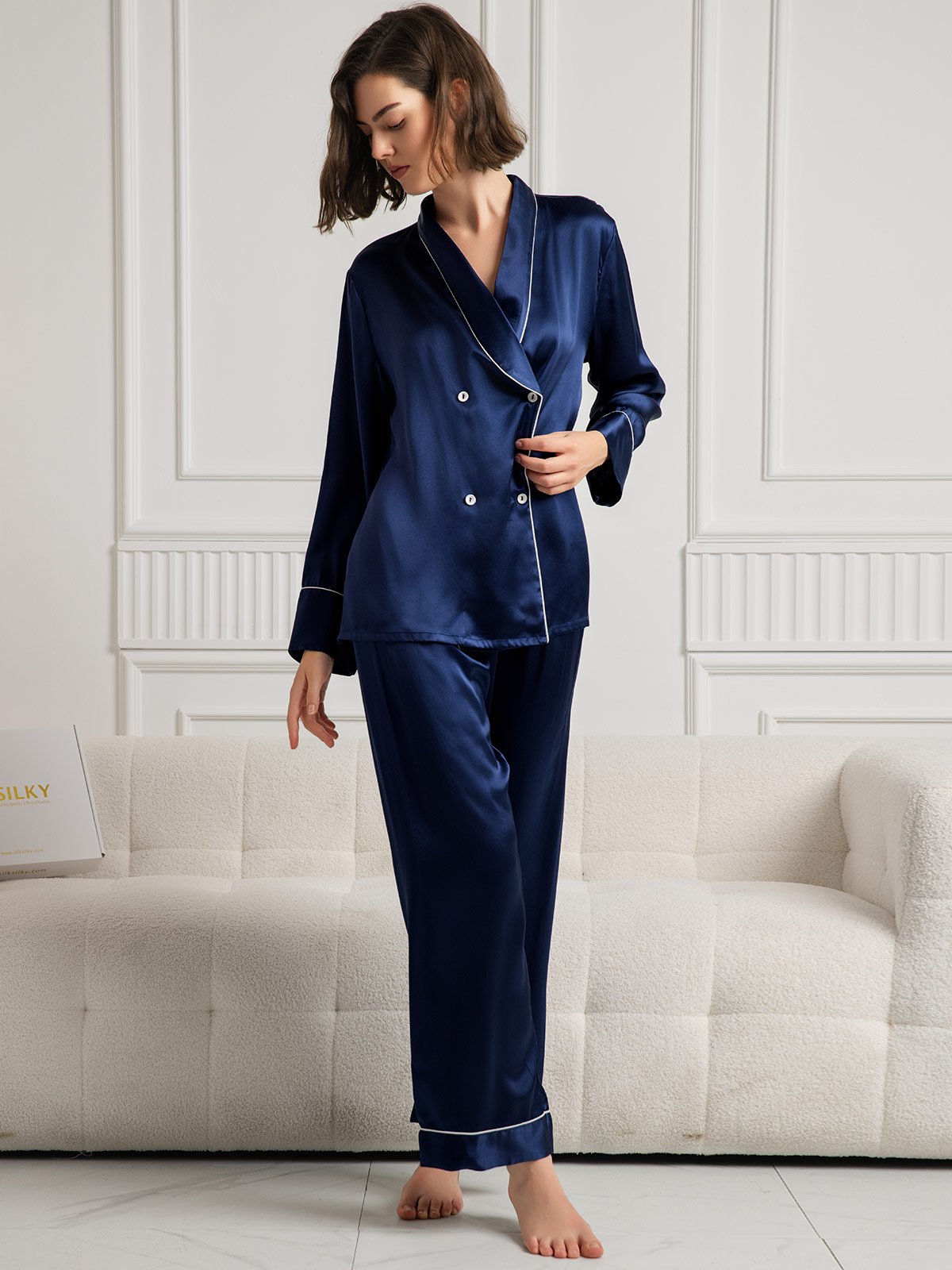 SilkSilky-CA Pure Silk Long Sleeve V Neck Women's Pajamas DarkBlue 004