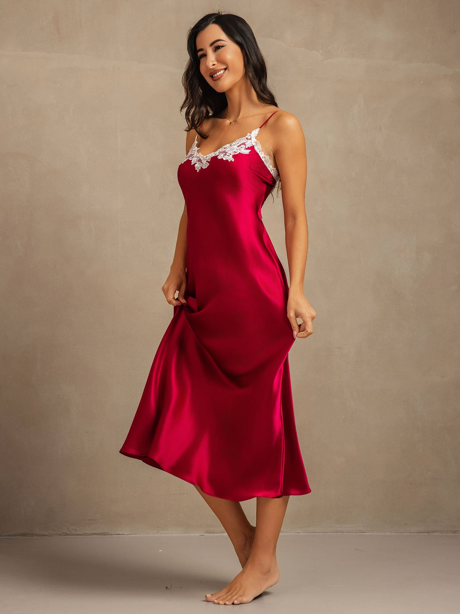 [Wine] SilkSilky-CA 19Momme Pure Silk V Neck Dress 007