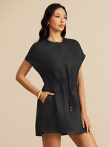 [Black] SilkSilky-CA 18Momme Silk Satin Surah Cap Sleeve Henley Neck Dress 001