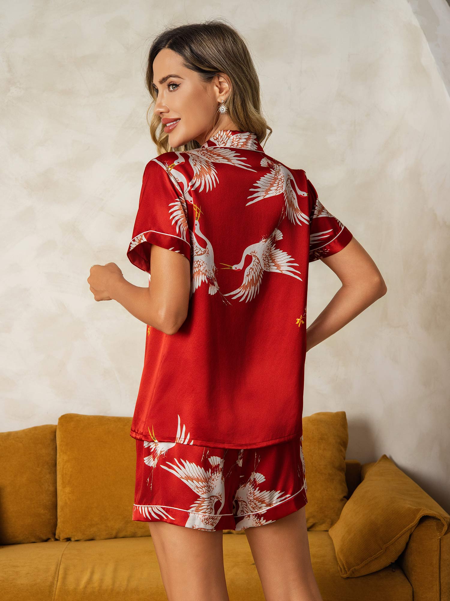 [Dark Red] SilkSilky-CA 19Momme Pure Silk Short Sleeve Notch Collar Women's Pajamas 002