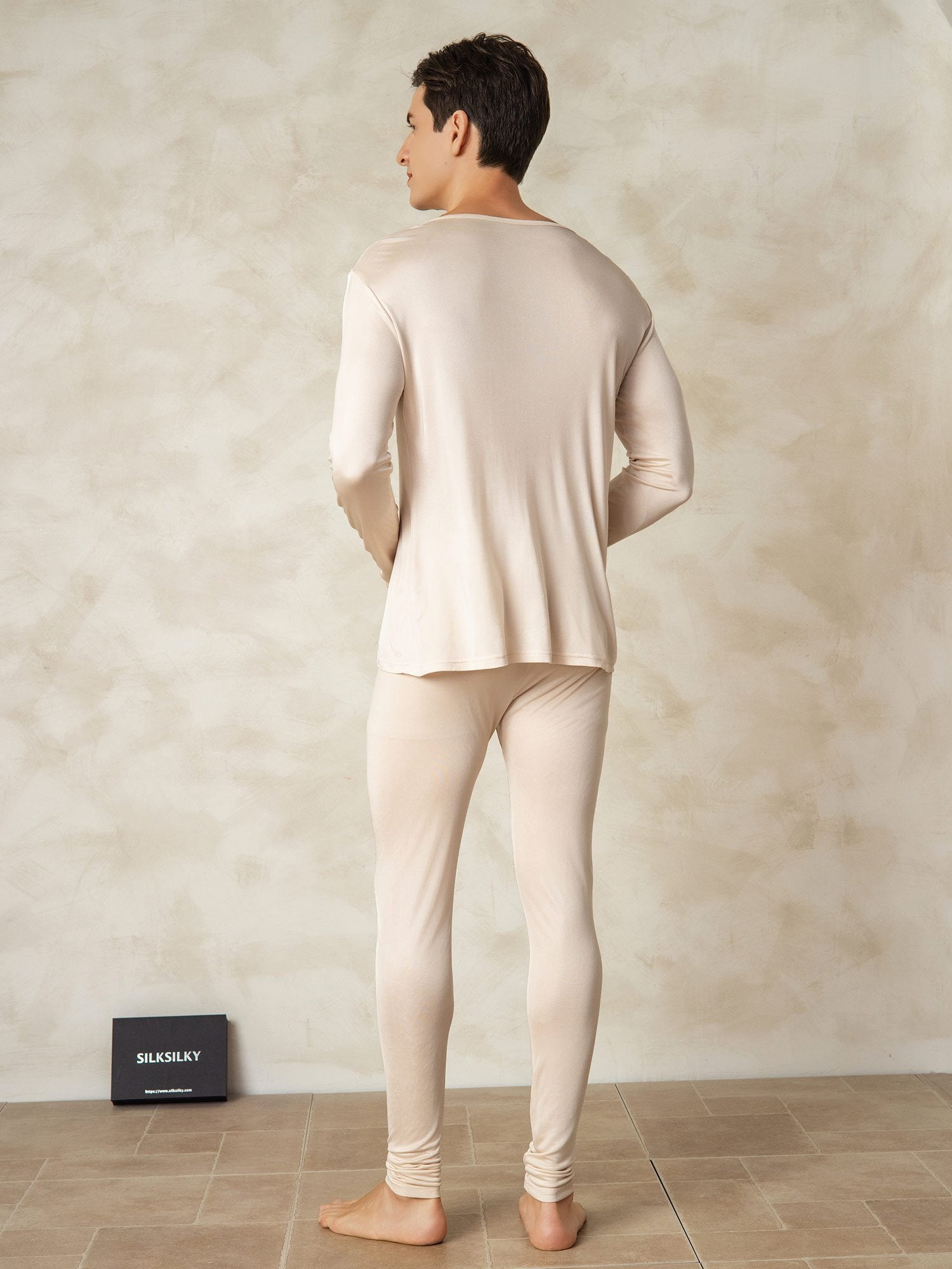 [Tan] SilkSilky-CA Silk Knitted Round Neck Men's Pajamas 002