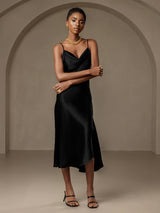 [Black] SilkSilky-CA Spaghetti Strap Cowl Neck Dress 004