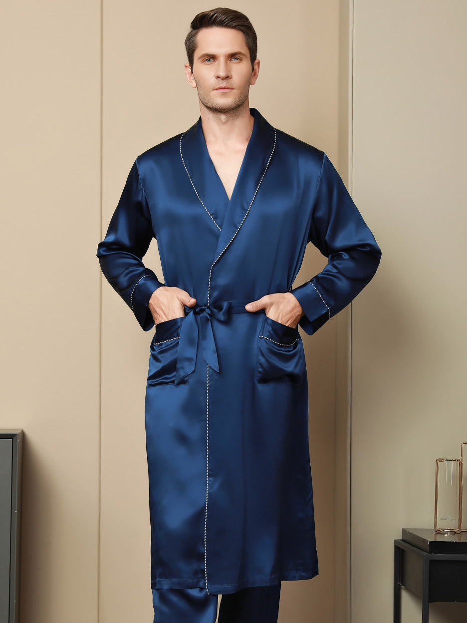 SilkSilky CA Pure Silk Long Sleeve Lapel Men's Robe DarkBlue 001