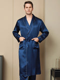 SilkSilky CA Pure Silk Long Sleeve Lapel Men's Robe DarkBlue 001