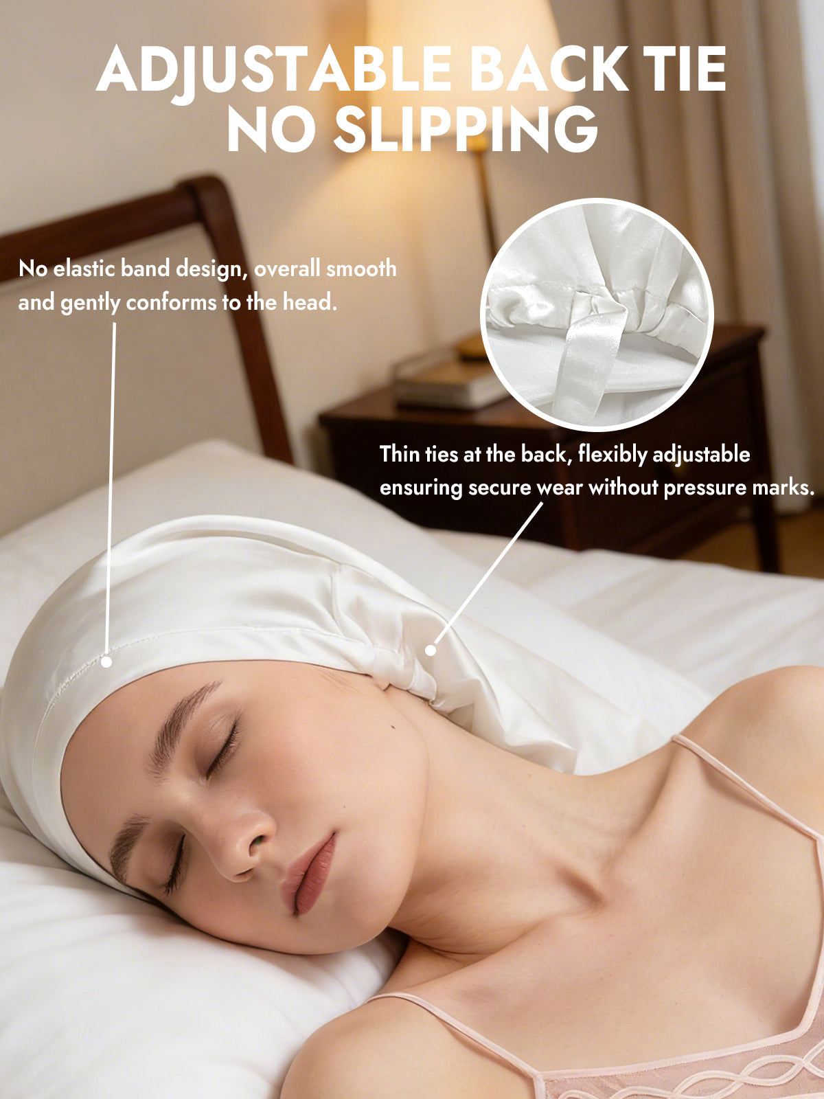 [White] SilkSilky-CA Pure Silk Sleep Cap 005