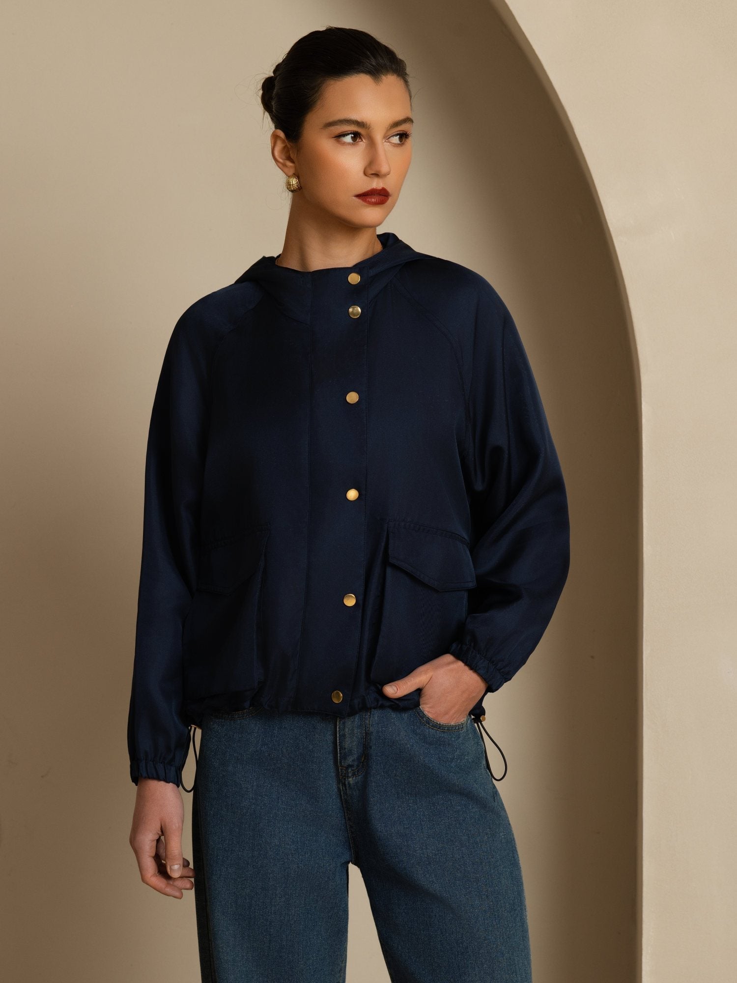 [DarkBlue] SilkSilky-CA Silk Satin Surah Long Sleeve High Neck Women's Outerwear 004