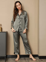 [Grayish Green] SilkSilky-CA Pure Silk Long Sleeve Notch Collar Women's Pajamas 004