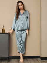 [Steel Blue] SilkSilky-CA Long Sleeve Lapel Collar Women's Pajamas 001