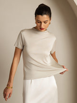 [Gray] SilkSilky-CA 100% Silk Jersey Short Sleeve Mock Neck Women's T-Shirt 003