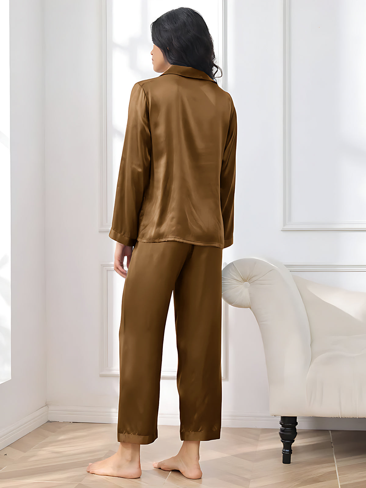 [Brown] SilkSilky-CA Pure Silk Notch Collar Women's Pajamas 002,