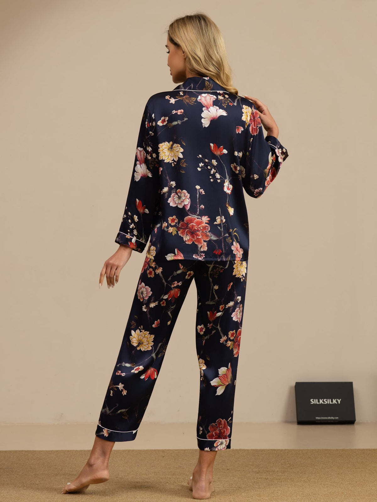 [Navy Floral] SilkSilky-CA Long Sleeve Lapel Collar Women's Pajamas 002