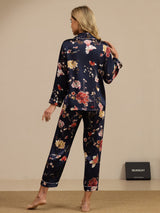 [Navy Floral] SilkSilky-CA Long Sleeve Lapel Collar Women's Pajamas 002