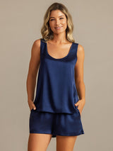 [Dark Blue] SilkSilky-CA 19Momme Machine-Washable Silk Sleeveless Scoop Neck Women's Pajamas 003