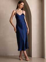 [Dark Blue] SilkSilky-CA Spaghetti Strap V Neck Dress 005