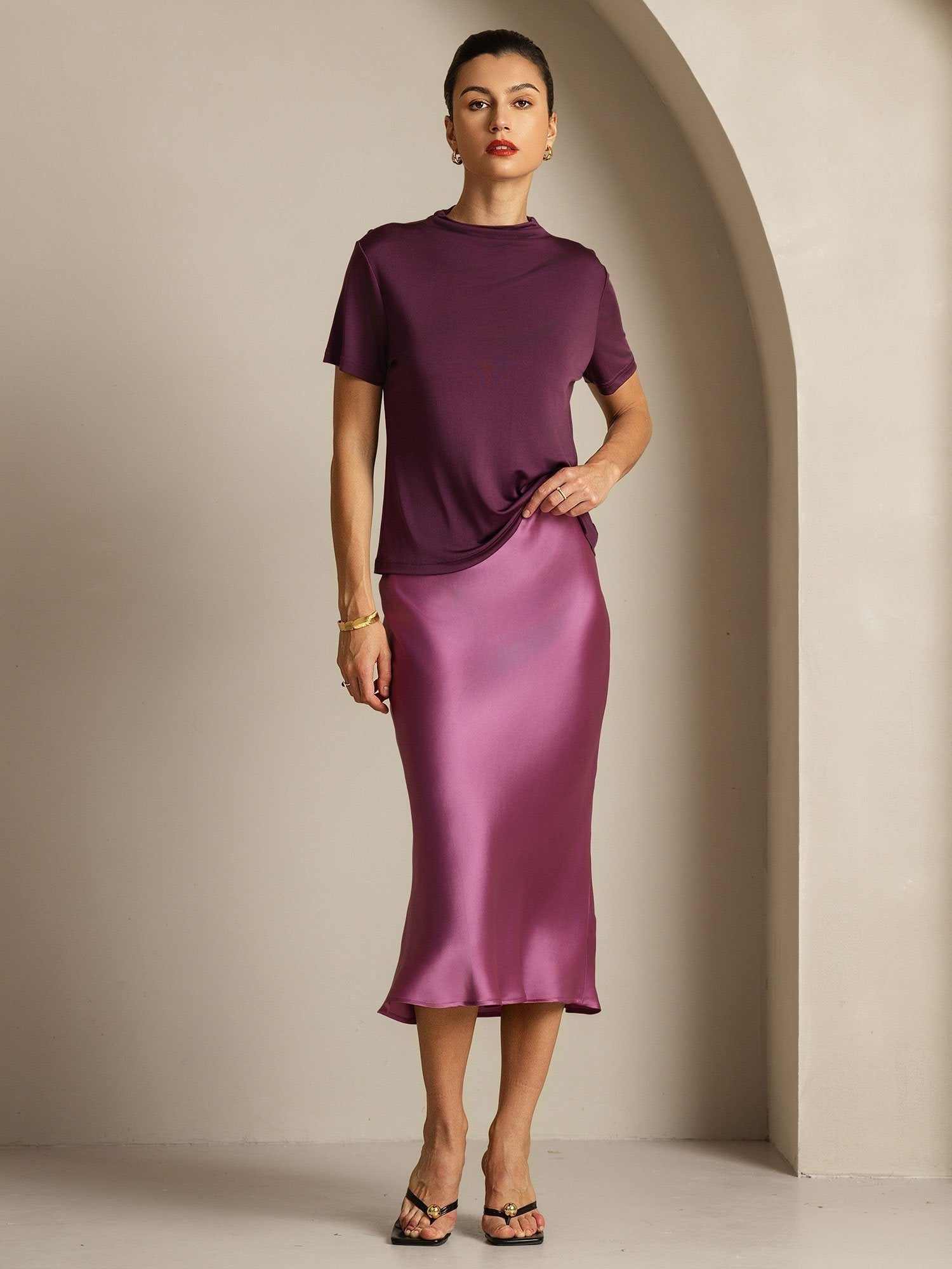 [Purple] SilkSilky-CA Pure Silk Collar Women's T-Shirt 007