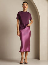 [Purple] SilkSilky-CA 100% Silk Jersey Short Sleeve Mock Neck Women's T-Shirt 007