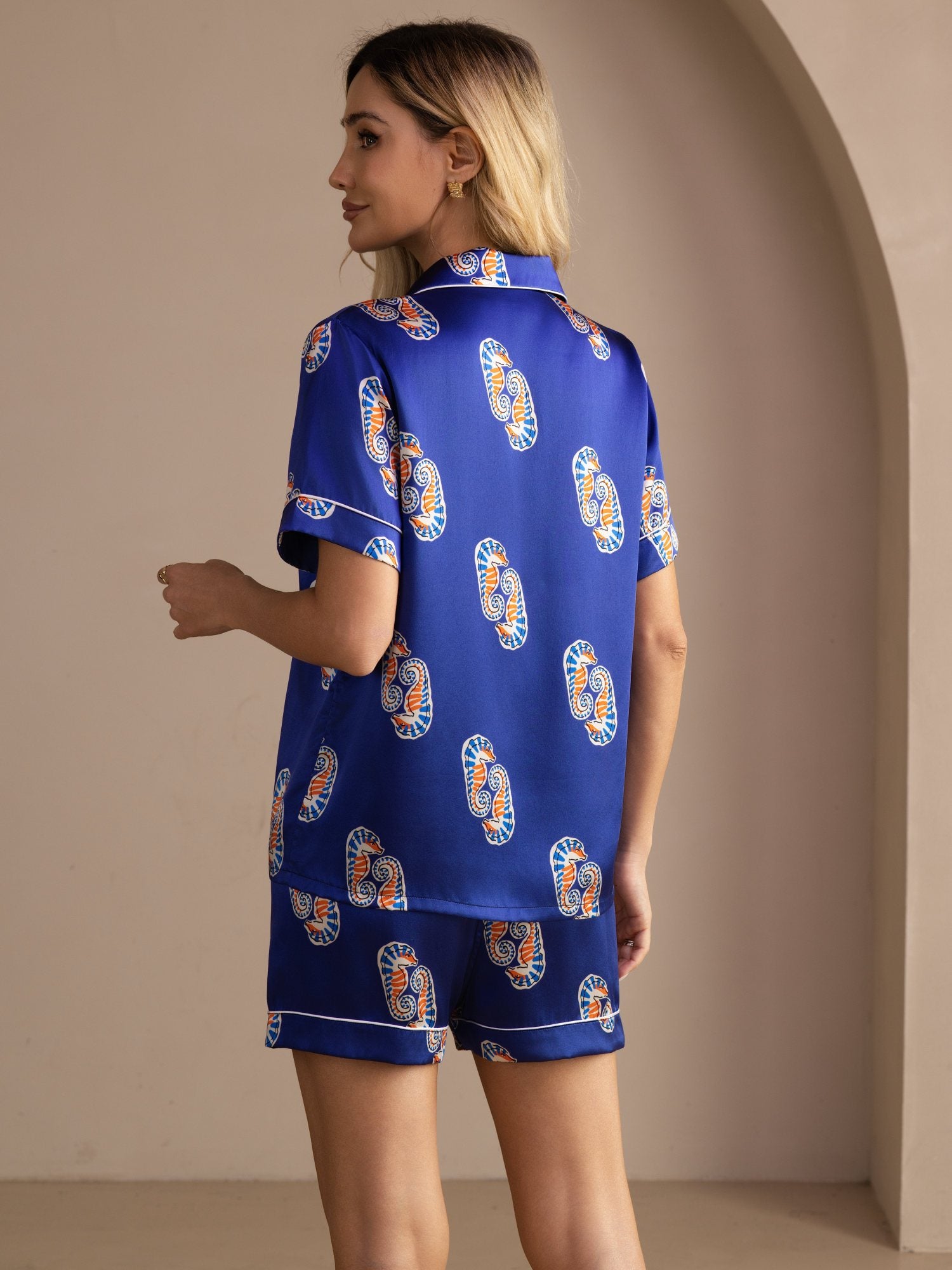 [Navy Seahorse] SilkSilky-CA Short Sleeve Lapel Collar Women's Pajamas 002