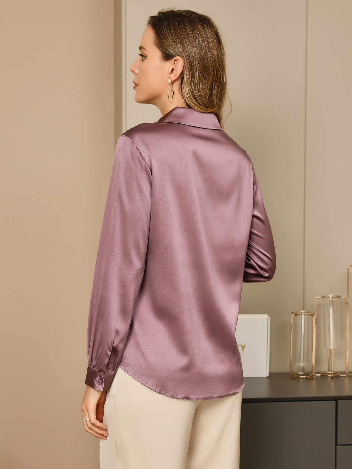 SilkSilky CA 19Momme Silk Long Sleeve Collar Women's Shirt PaleMauve 002