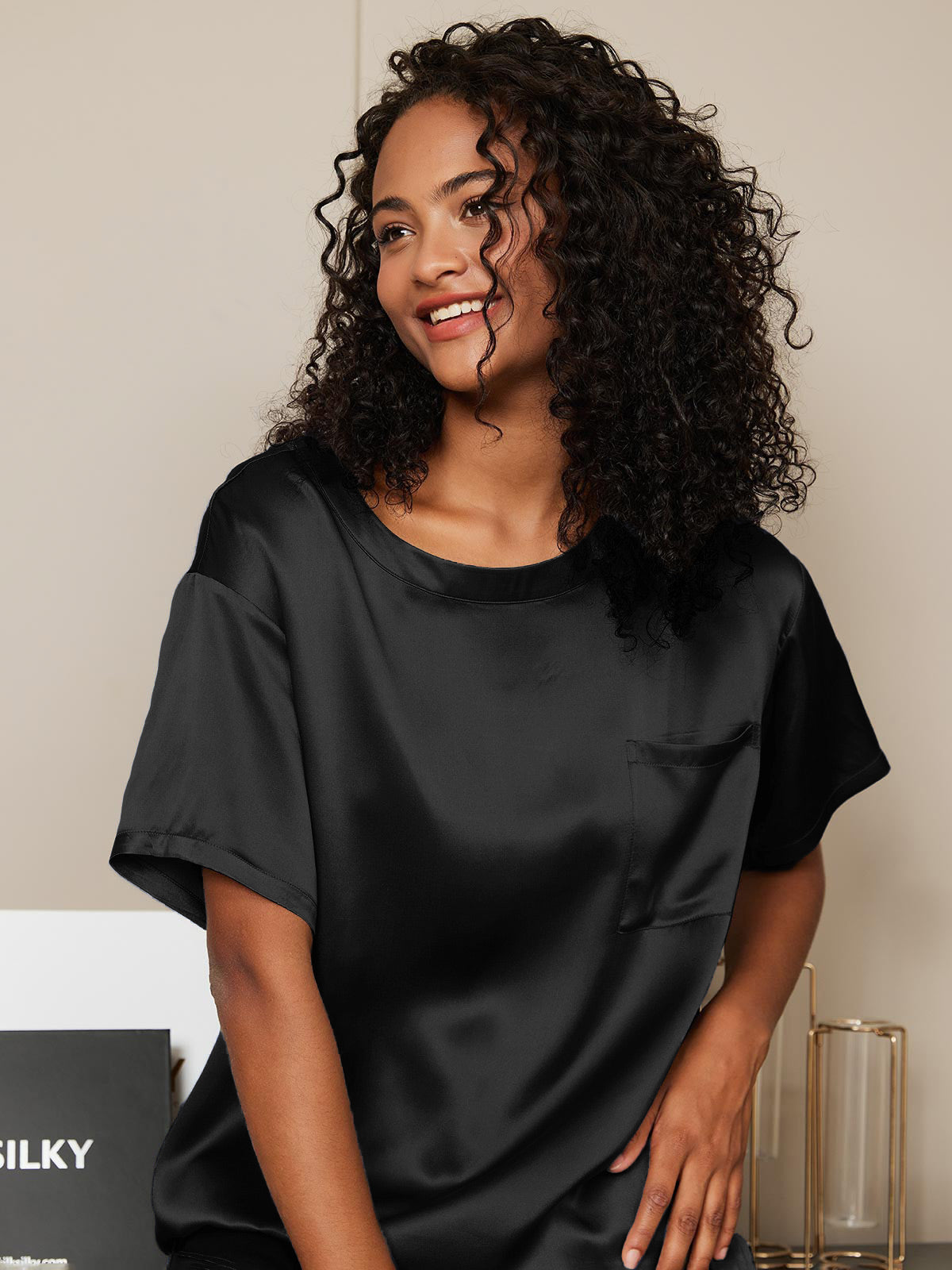 [Black] SilkSilky-CA Pure Silk Round Neck Women's Pajamas 004