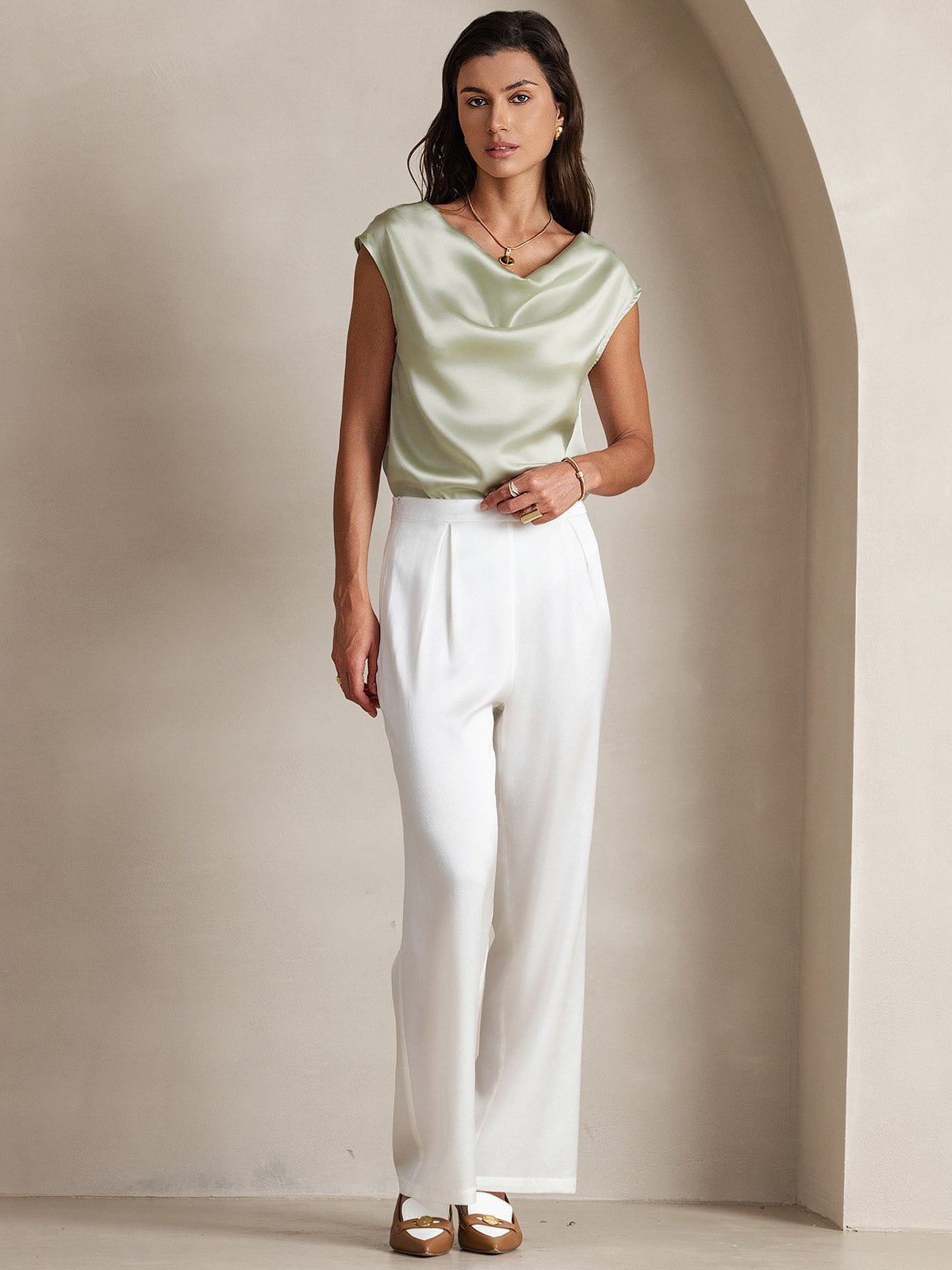 [Light Green] SilkSilky-CA 19Momme Silk Cowl Neck Women's T-Shirt 007