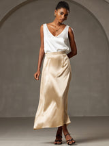 [Champagne] SilkSilky-CA 19Momme Stretch Silk Charmeuse Skirt 003