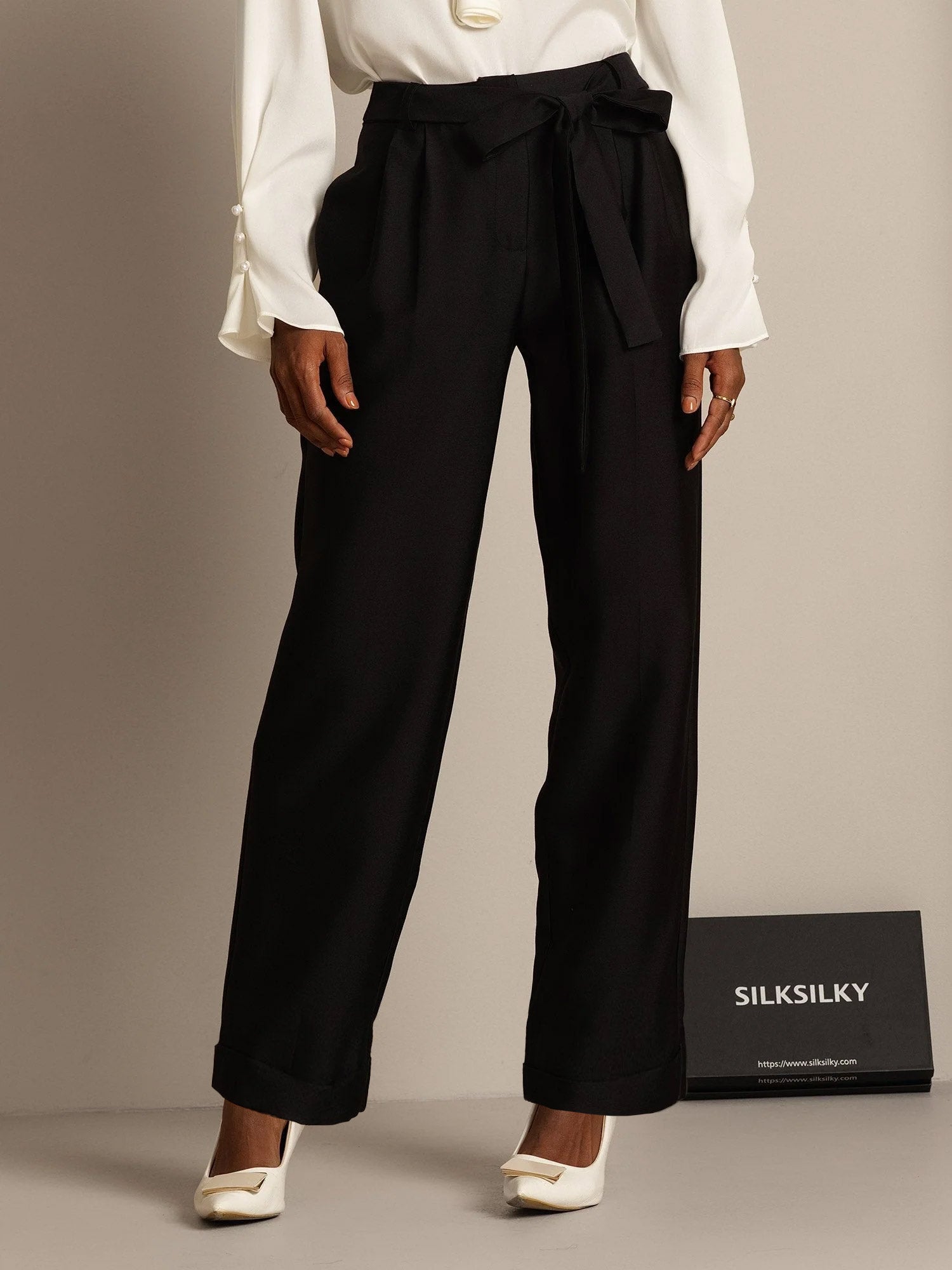 [Black] SilkSilky-CA 32Momme Silk-Wool Blend Womens Pants 001,