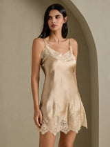 [Champagne] SilkSilky-CA Spaghetti Strap V Neck Nightgown 001