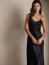 [Black] SilkSilky-CA Spaghetti Strap V Neck Dress 003