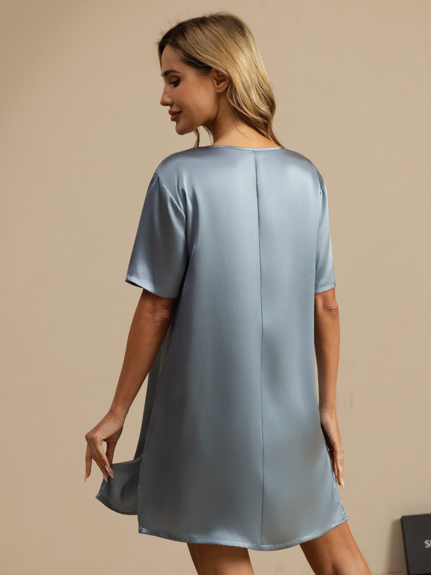 [Grayish Blue] SilkSilky-CA Pure Silk Short Sleeve V Neck Nightgown 002