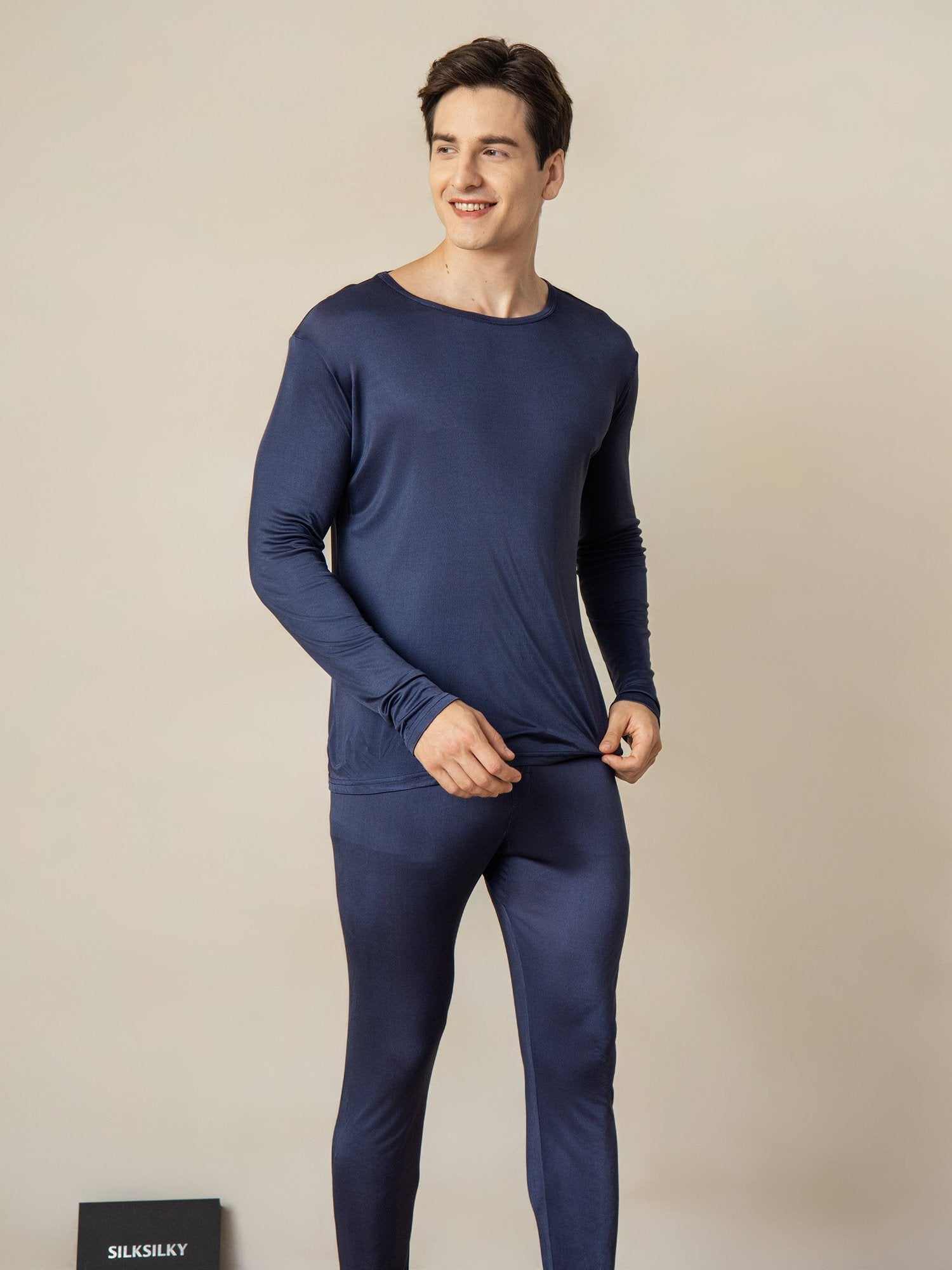 [DarkBlue] SilkSilky-CA Silk Knitted Round Neck Men's Pajamas 002