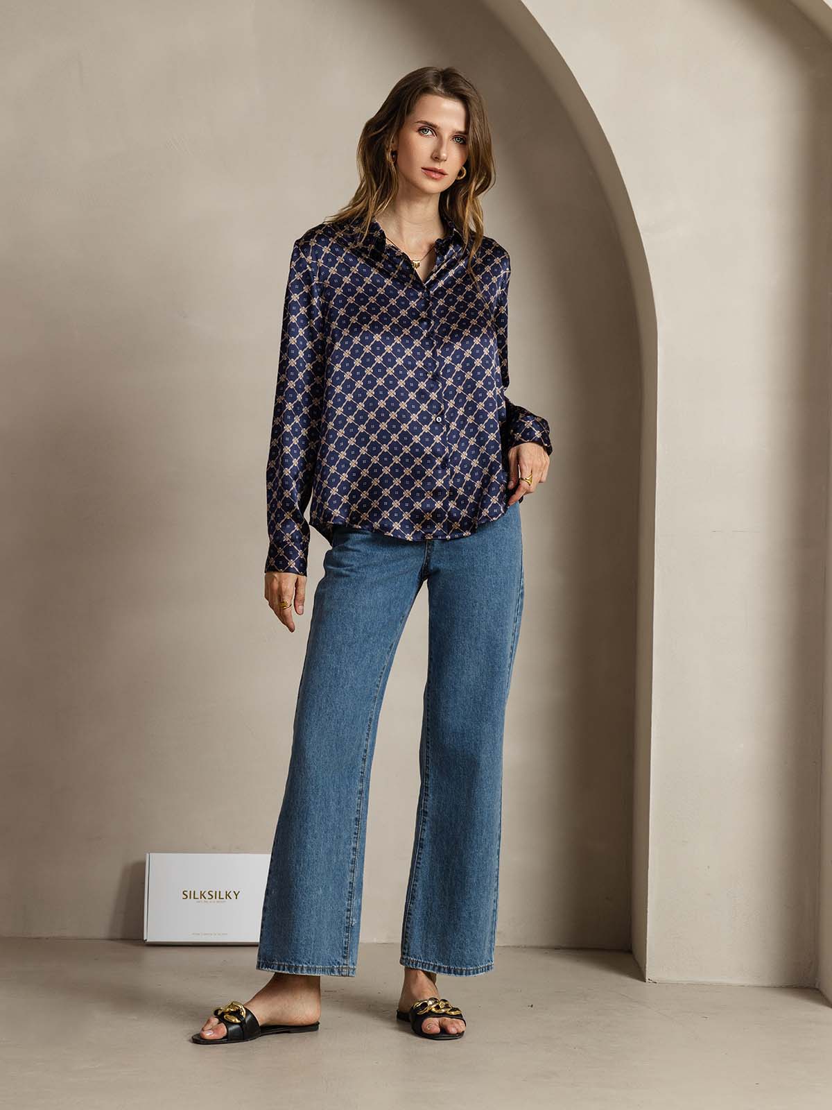 [Navy Chain] SilkSilky-CA Silk Long Sleeve Lapel Collar Women's Shirt 008