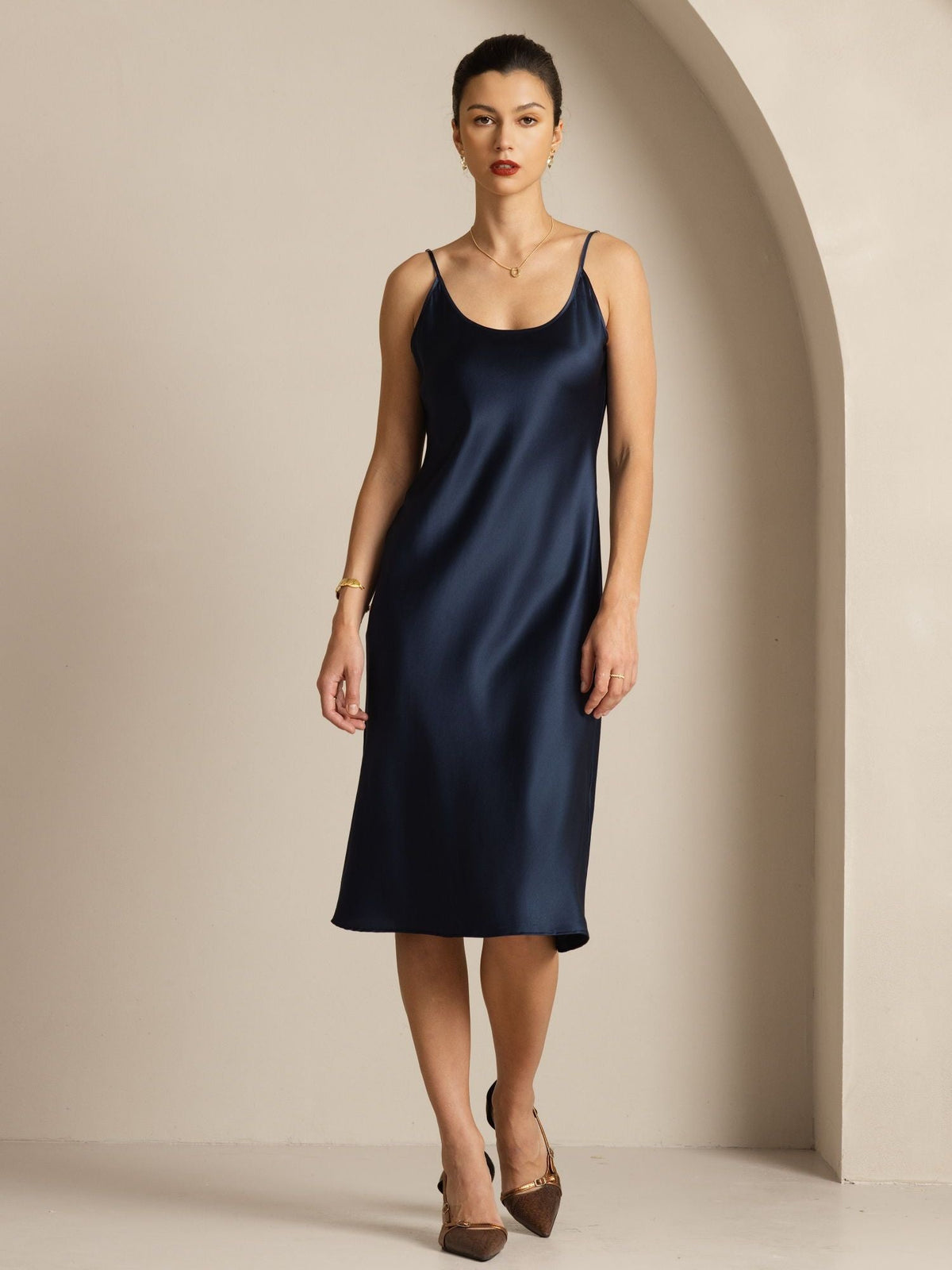 [Dark Blue] SilkSilky-CA Spaghetti Strap U Neck Dress 001