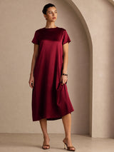 [Dark Red] SilkSilky-CA Short Sleeve Crew Neck Dress 001