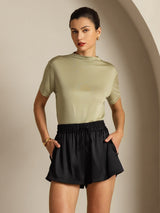 [Dried Herb] SilkSilky-CA 100% Silk Jersey Short Sleeve Mock Neck Women's T-Shirt 008