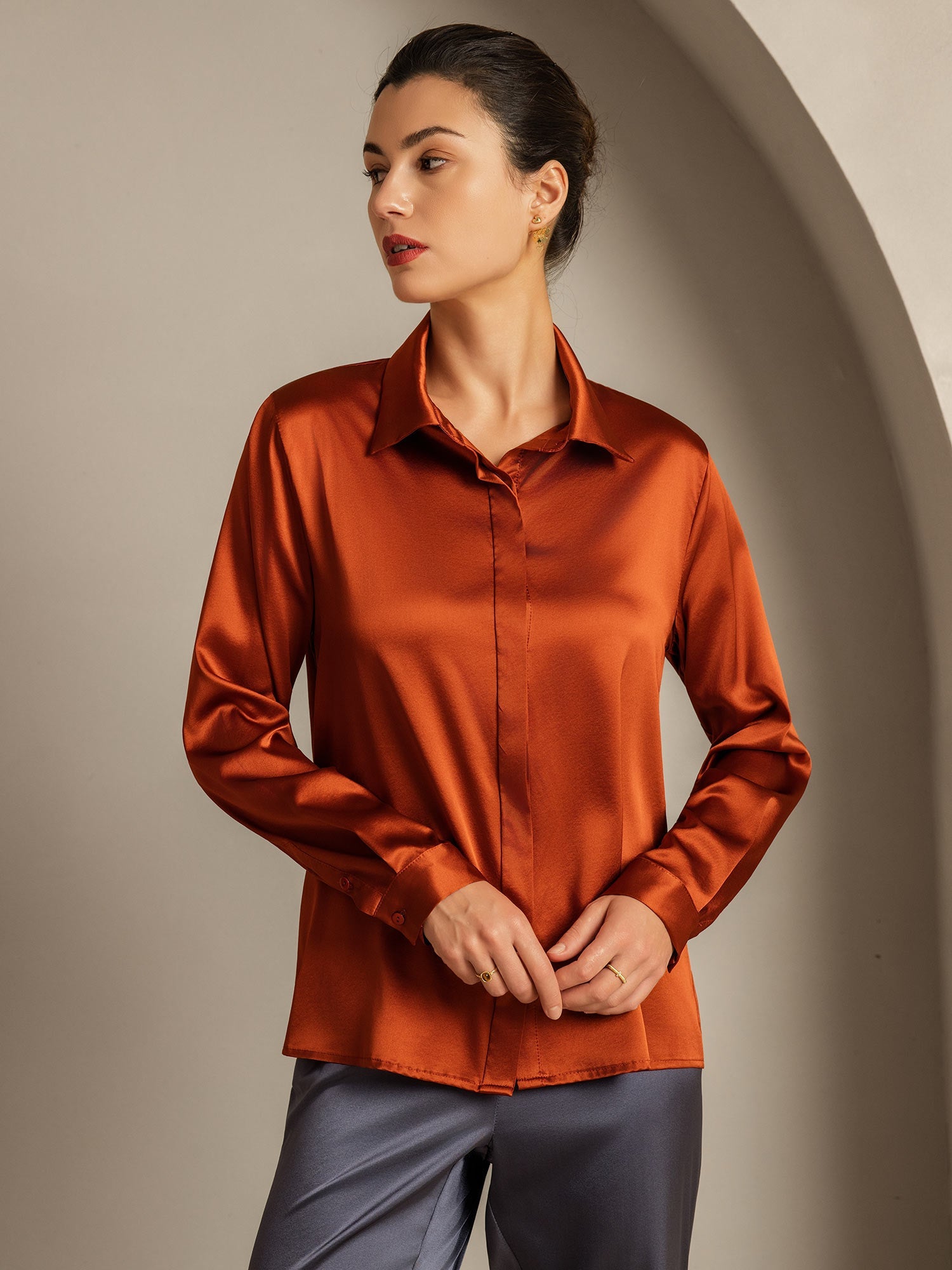 [Caramel] SilkSilky-CA 19Momme Silk Long Sleeve Lapel Collar Women's Shirt 001