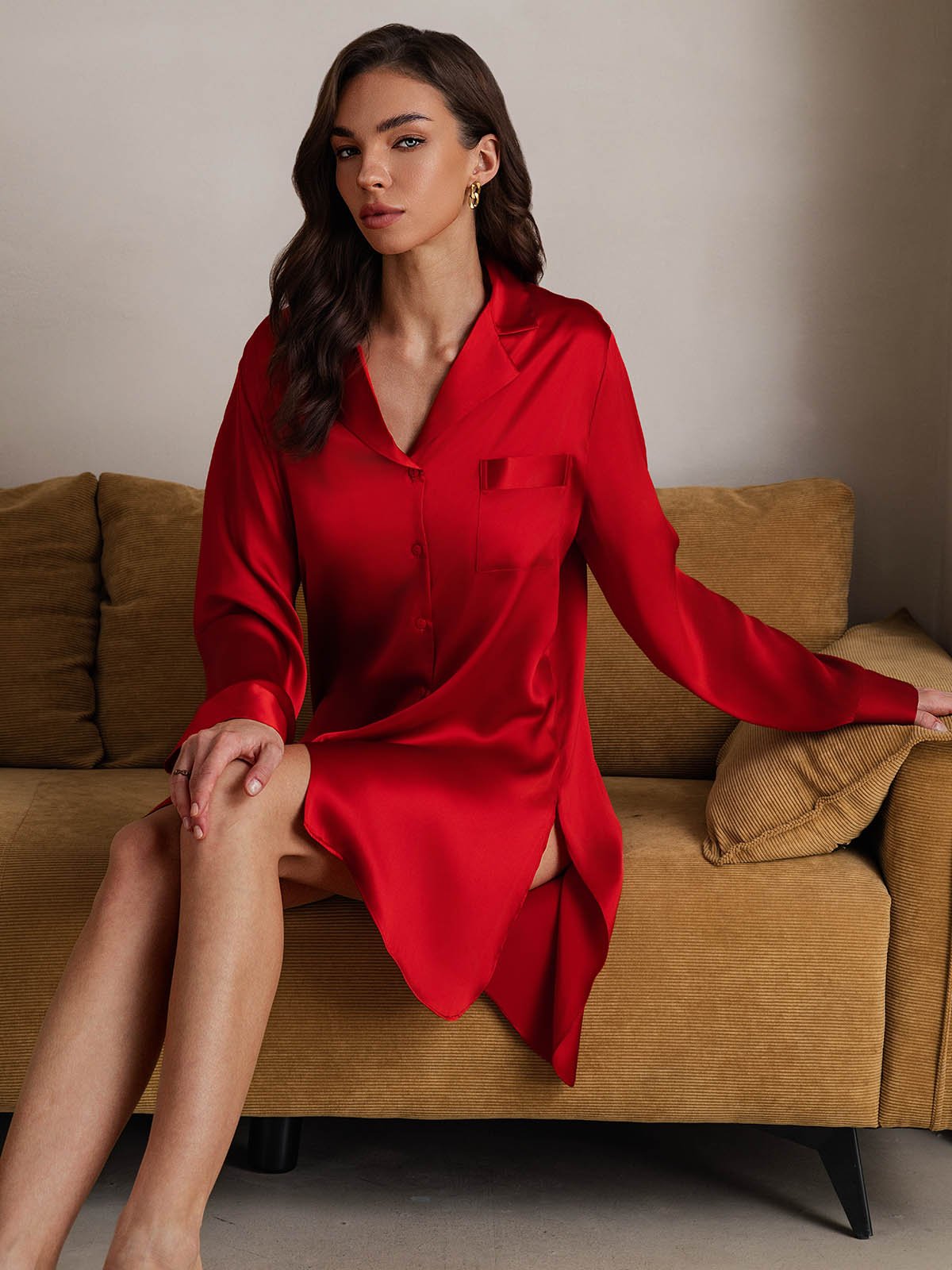 [Red] SilkSilky-CA Pure Silk Split Nightgown 007