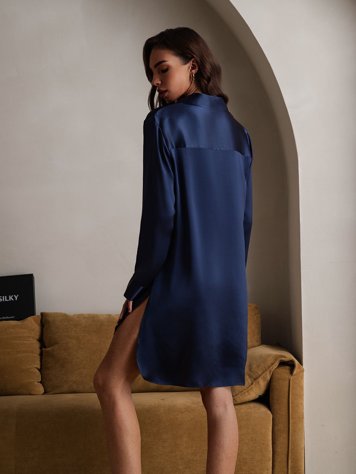 [DarkBlue] SilkSilky-CA Pure Silk Split Nightgown 002