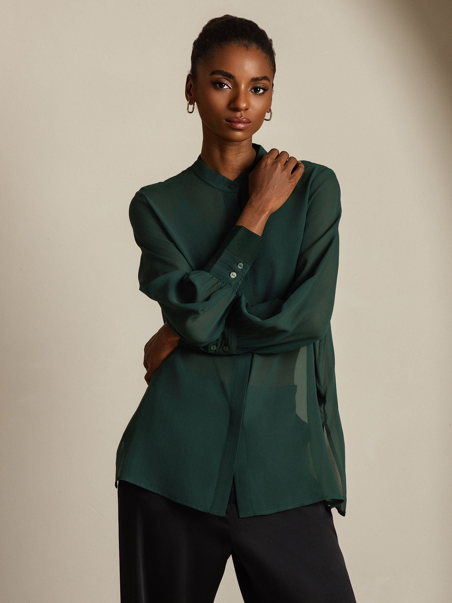 [Dark Green] SilkSilky-CA Pure Silk Split Women's Shirt 003