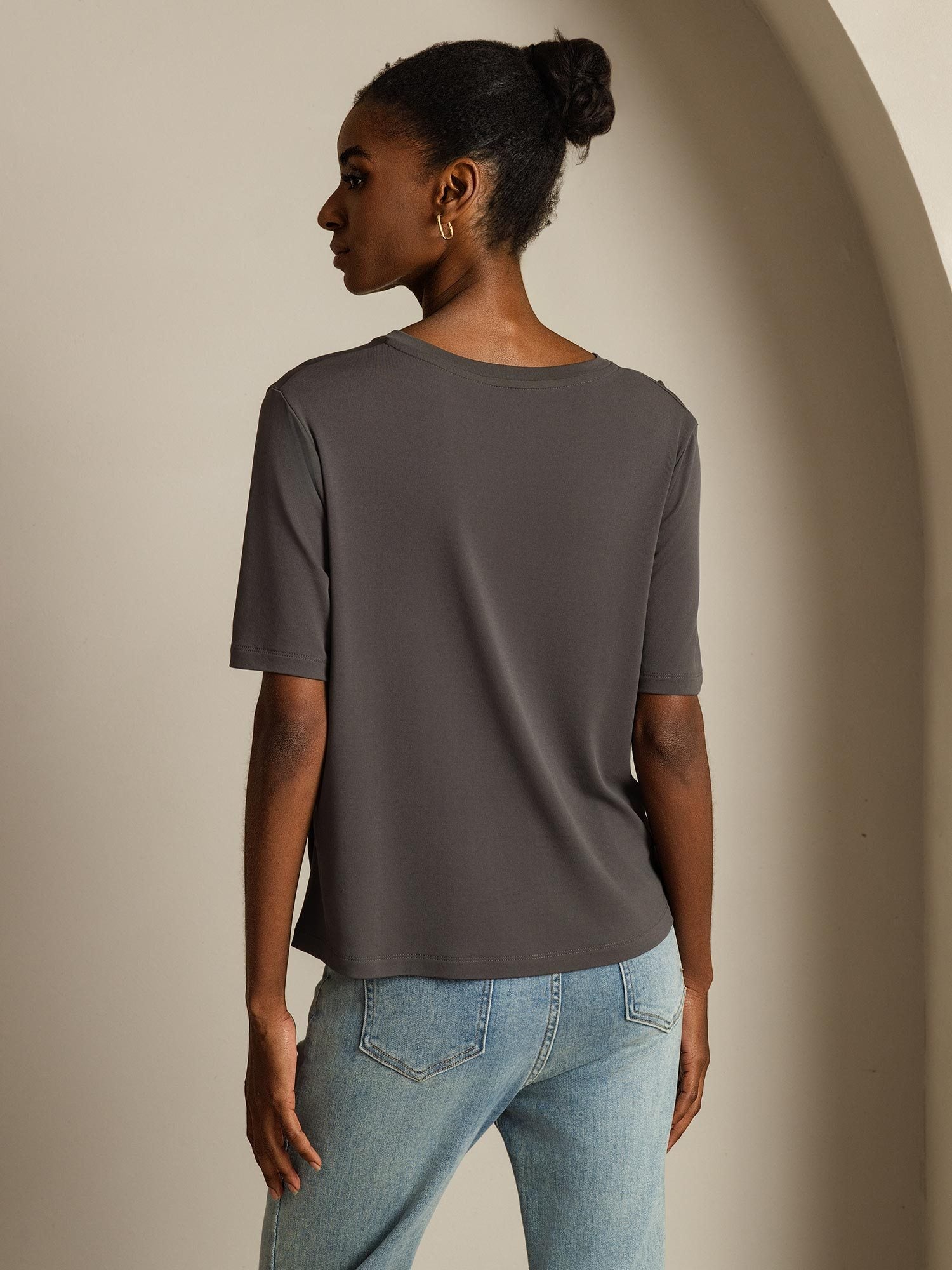 [Gray] SilkSilky-CA Pure Silk V Neck Women's T-Shirt 002