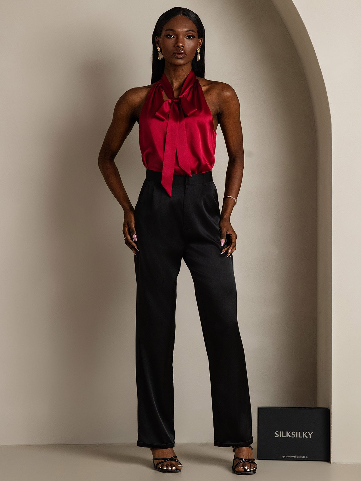SilkSilky-CA 19Momme Silk Sleeveless Tie Neck Women's Shirt Wine 006