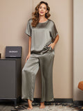 SilkSilky CA Pure Silk Short Sleeve Round Neck Women's Pajamas GrayishGreen 001