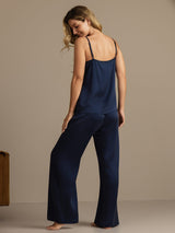 [Dark Blue] SilkSilky-CA 19Momme Machine-Washable Silk Spaghetti Strap Scoop Neck Camisole Set 002