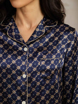 [Navy Chain] SilkSilky-CA Long Sleeve Lapel Collar Women's Pajamas 006