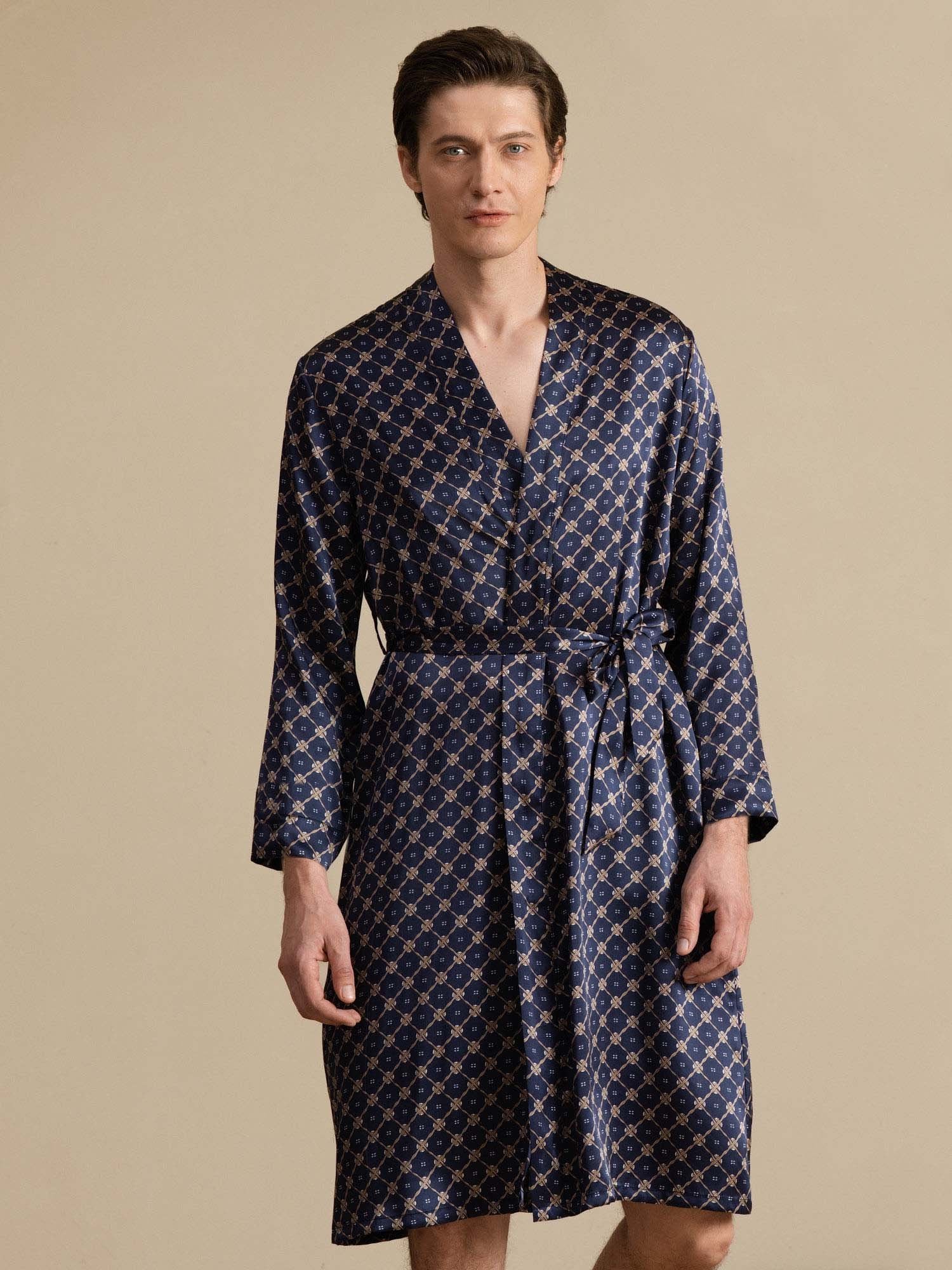[Navy Chain] SilkSilky-CA Long Sleeve Men's Robe 001