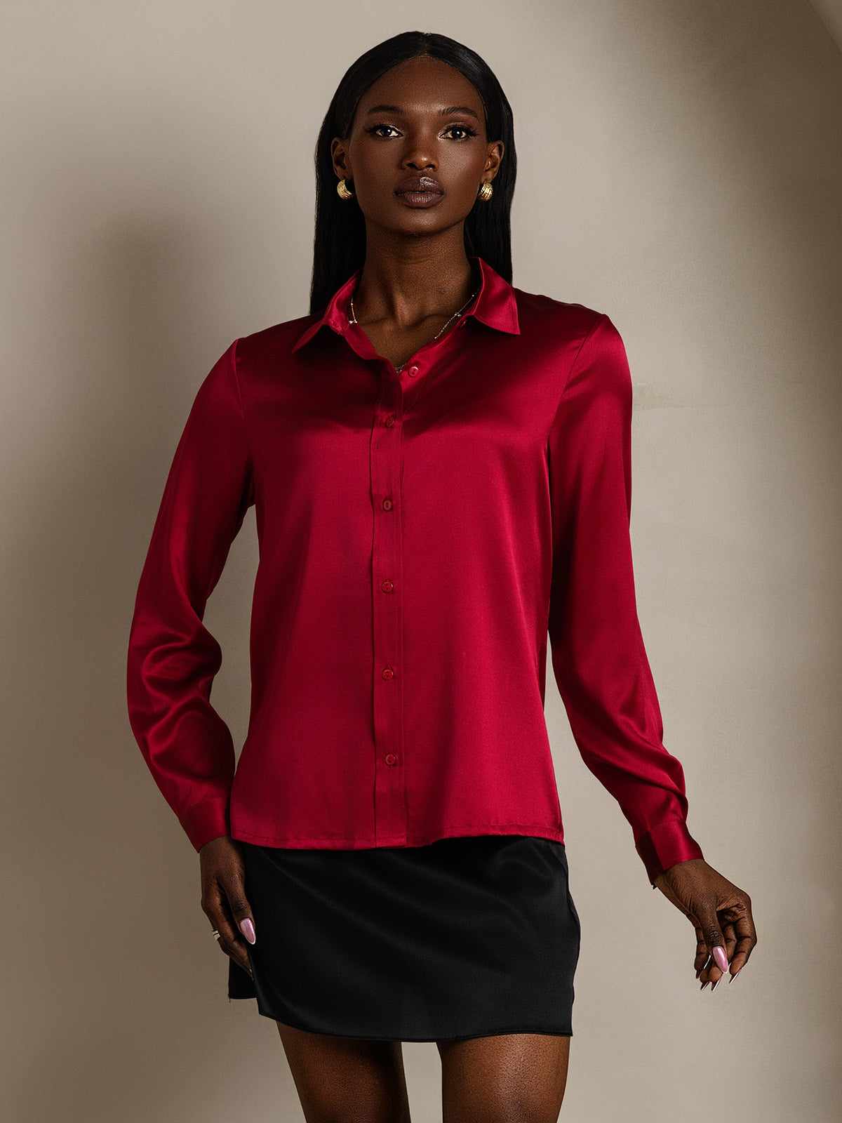 SilkSilky-CA 19Momme Silk Long Sleeve Collar Women's Shirt Wine 009