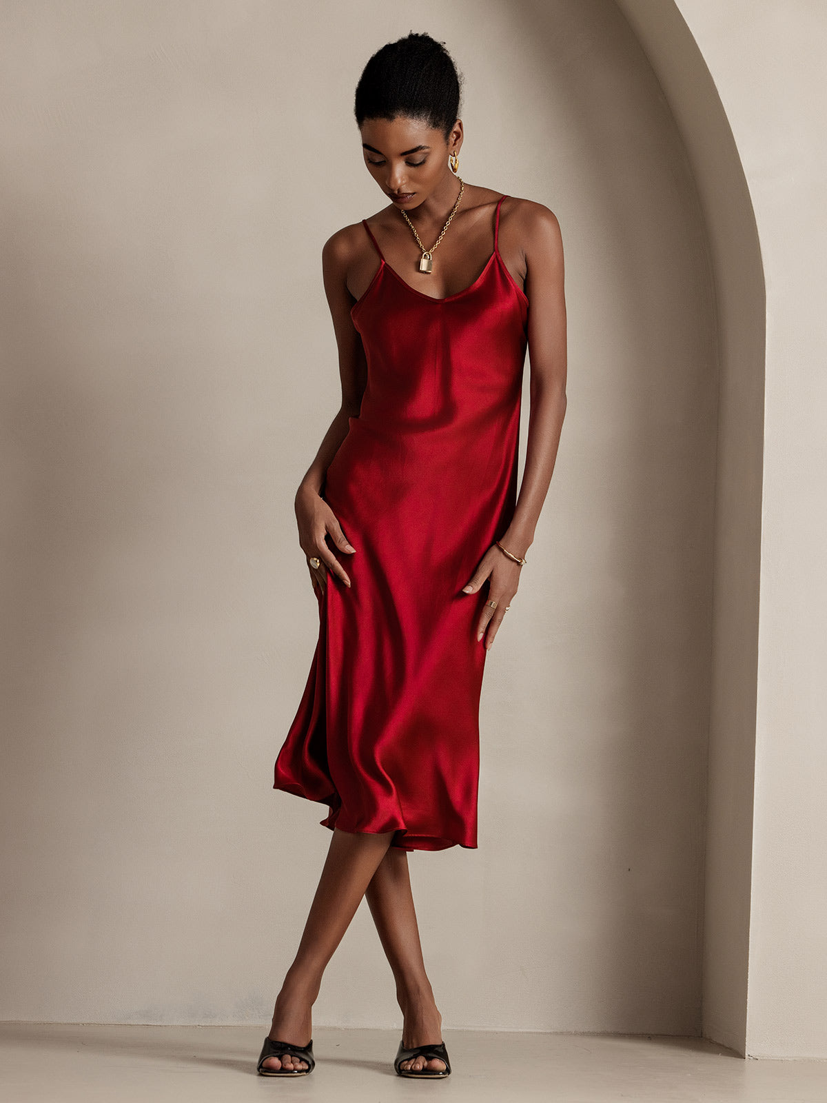 SilkSilky-CA Pure Silk Deep V Neck Dress Wine 006